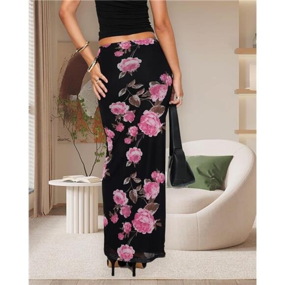 Women's Maxi Skirt Mesh Floral Print Black x Pink - Picture 3 of 6